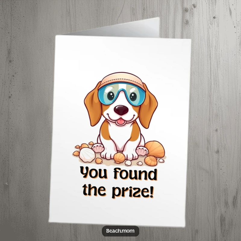 Funny Free Printable Congrats Card: Basset hound with a visor joyfully collects seashells, celebrating a great find.