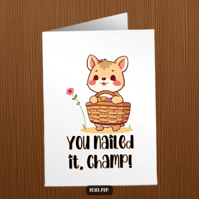 Funny Free Printable congratulations card featuring an excited animal character packing a picnic basket, perfect for any celebratory moment.
