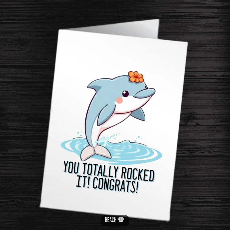 Funny Free Printable Congrats Card: A dolphin adorned with a lei leaps from the water, celebrating your amazing success.