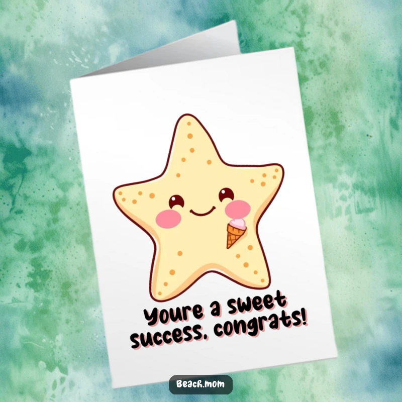 Funny Free Printable Congratulations Card: Starfish with a tiny ice cream cone, smiling sweetly to convey congratulations for a job well done.