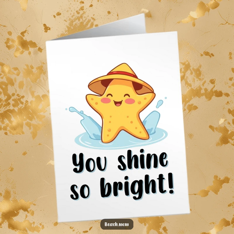 Funny Free Printable Congratulations Card: A cheerful starfish in a sunhat joyfully splashing water to celebrate.