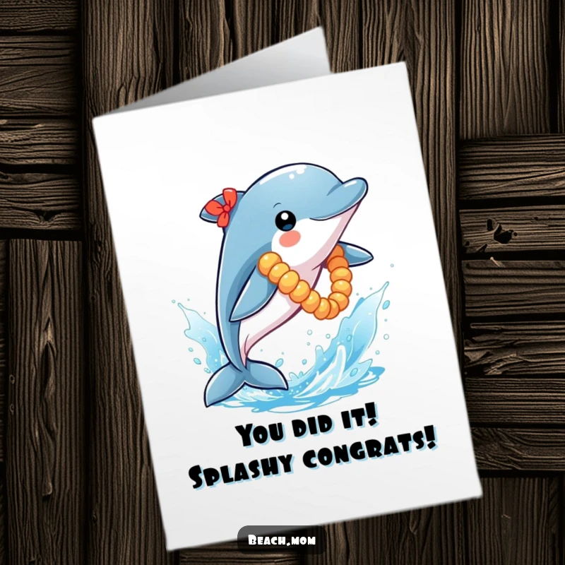 Funny Free Printable Congratulations Card: Playful dolphin with lei leaping from sparkly water, celebrating success.