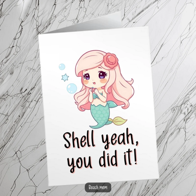 Funny Free Printable Congrats Card: Happy mermaid blowing bubbles, celebrating success. Magical and downloadable.