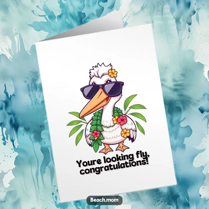 Funny Free Printable Congrats Card: Pelican with shades and lei smiling, celebrating success. Cool and downloadable.