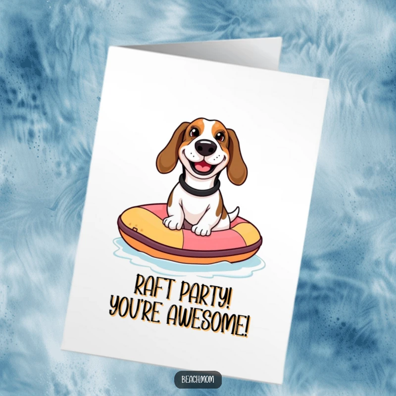 Funny Free Printable Congrats Card: Basset hound grins widely while riding a small inflatable raft, celebrating success.