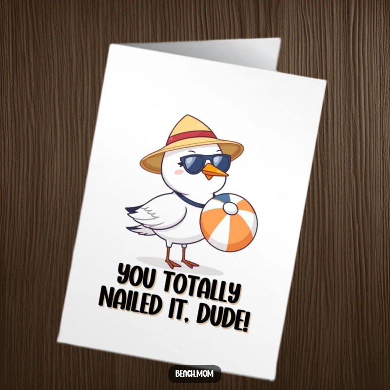 Funny free printable congratulations card: A cool seagull in a sun hat and shades carries a beach ball, spreading good vibes.