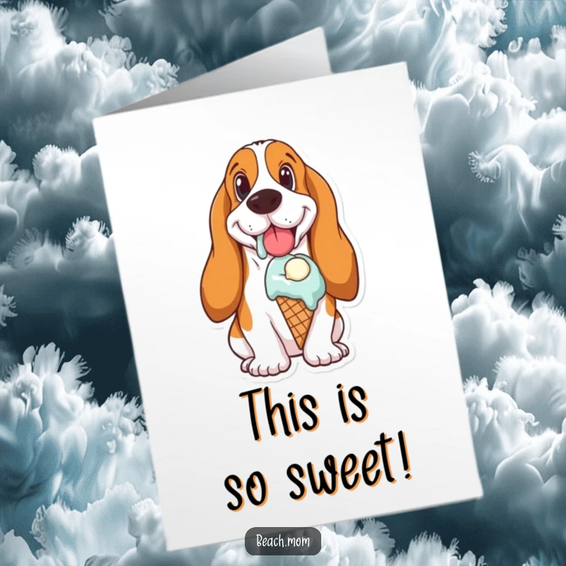 Funny free printable congratulations card of a Basset Hound happily licking an ice cream cone, pure bliss captured.