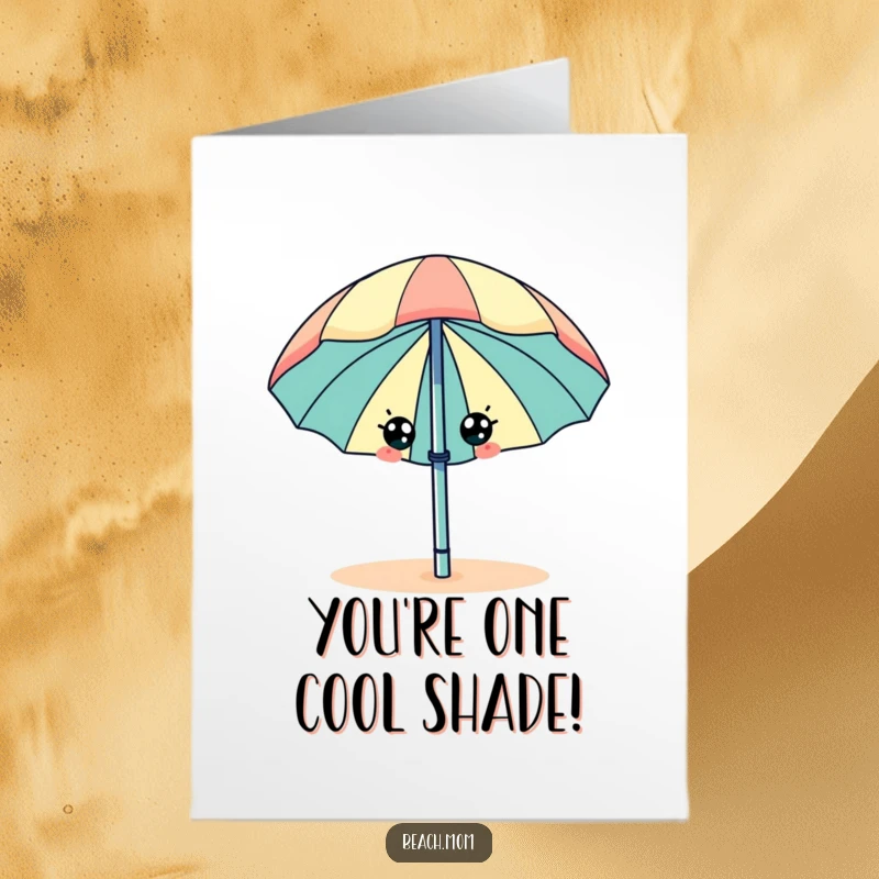 Funny free printable congratulations card: A happy beach umbrella with eyes wiggles energetically, celebrating big wins.