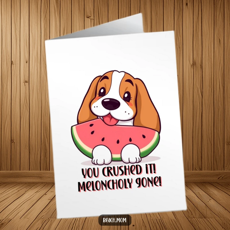 Free Printable Congratulations Card: A Basset Hound happily eats a slice of refreshing watermelon.