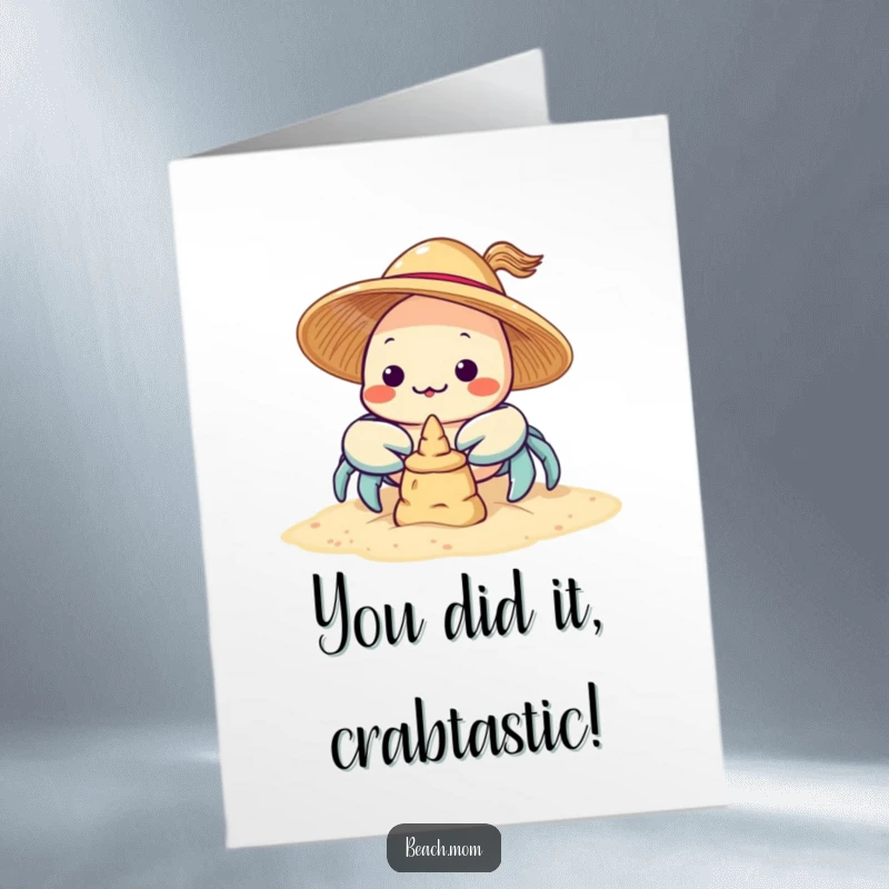 Funny Free Printable Congratulations Card showing a Kawaii crab in a sun hat focused on sandcastle building.