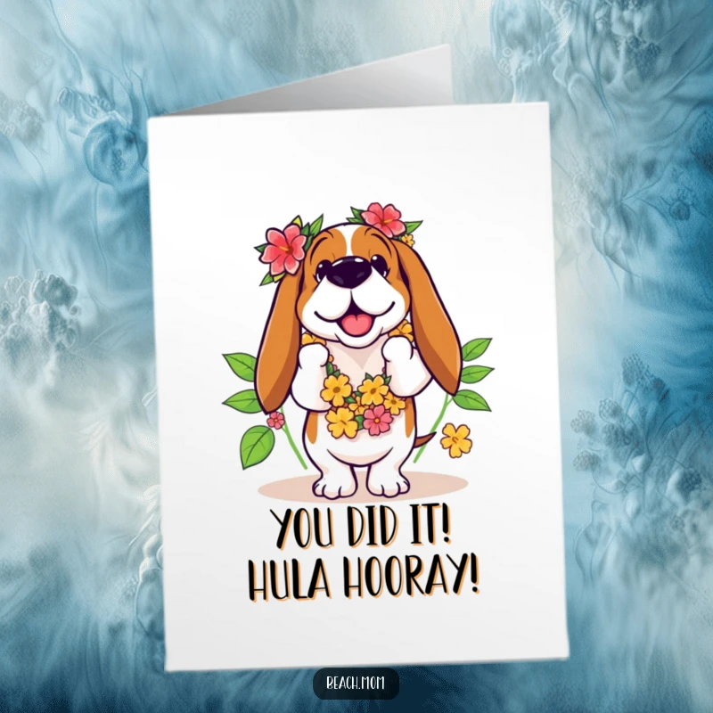 Free Printable Congratulations Card: A Basset Hound in a lei attempts a funny, awkward hula dance move.