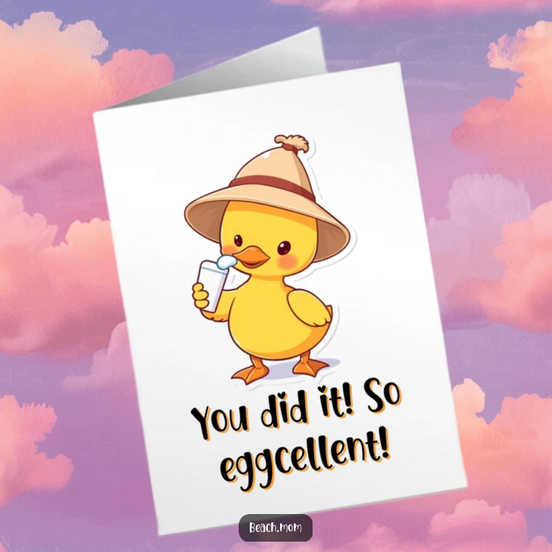 Funny Free Printable Congratulations Card: A duck in a sun hat applies sunscreen to its nose, celebrating your success.