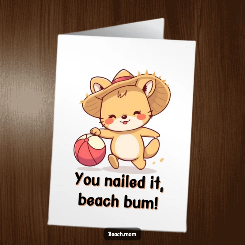 Funny Free Printable Congratulations Card: Excited animal in straw hat celebrating a beach ball win. Unique downloadable card.