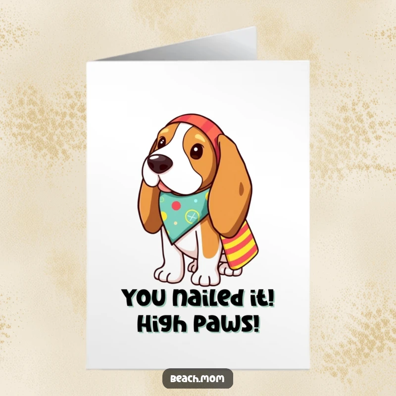 Funny Free Printable Congrats Card: Basset hound with beach bag, celebrating success with a tropical vibe.