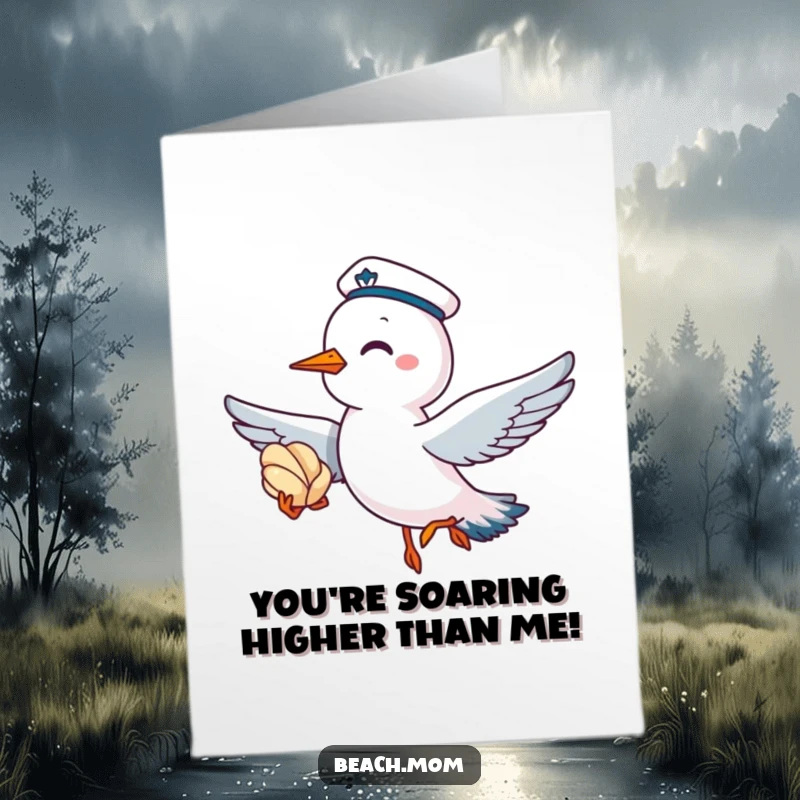 Funny Free Printable Congratulations Card: A seagull in a sailor cap giggles while flying with a seashell, celebrating.