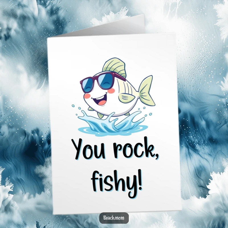 Funny Free Printable Congratulations Card - A happy fish in sunglasses having a blast splashing in a tiny wave.