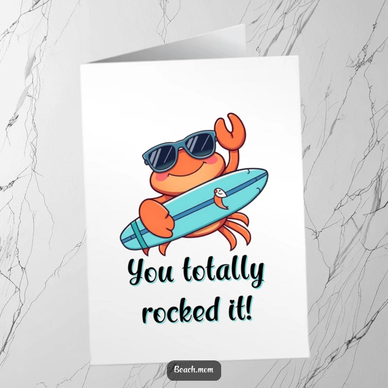 Funny Free Printable Congratulations Card: A smiling crab in sunglasses holding a surfboard, ready for celebration.