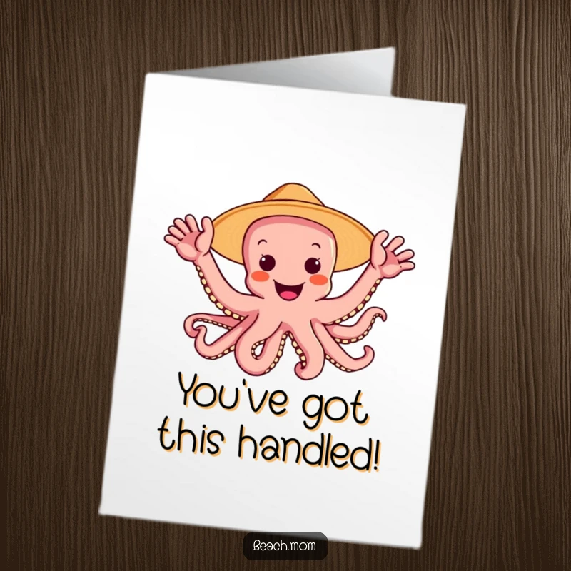 Funny Free Printable Congratulations Card showing a happy octopus in a sun hat, waving all its arms to celebrate an achievement.