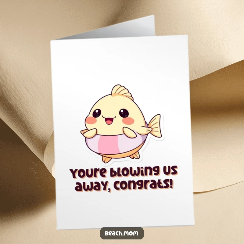 Funny Free Printable Congratulations Card: Pufferfish wearing a floatie, joyfully inflating to celebrate a fantastic achievement with bubbly enthusiasm.