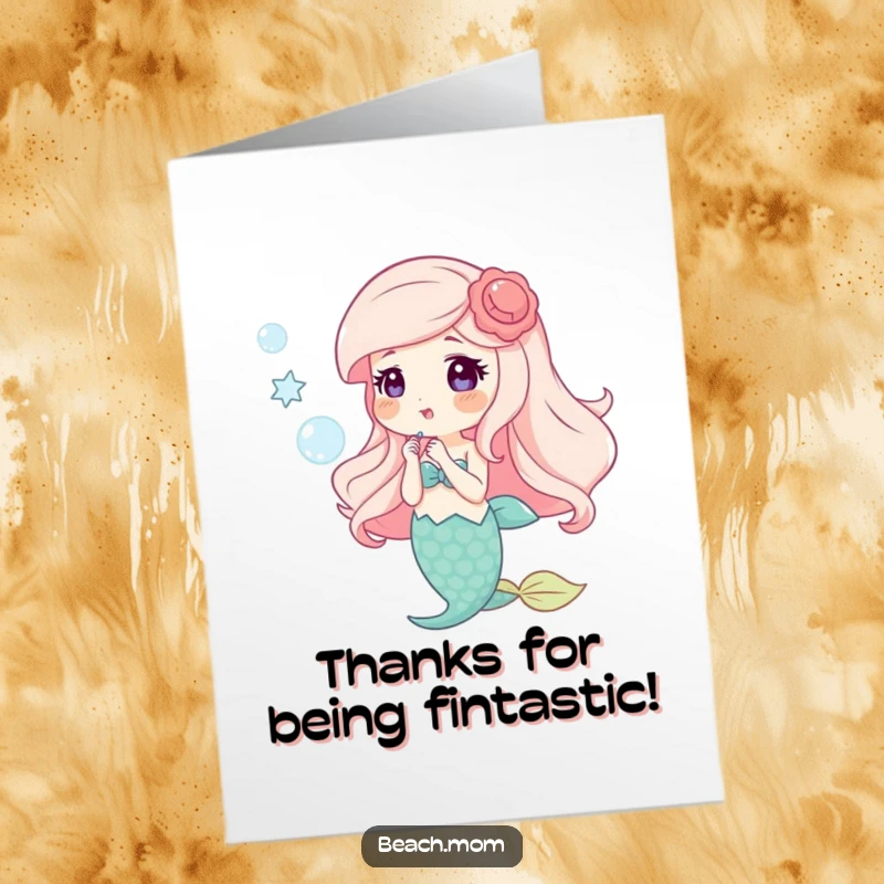 Funny Free Printable Thank You Card: Happy mermaid blowing bubbles, sending thanks. Magical and downloadable.