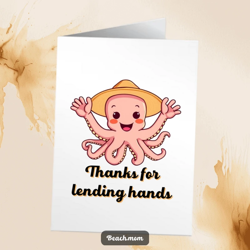 Free Printable Thank You Card depicting a joyful octopus in a sun hat, using its multiple arms to wave a big thank you.