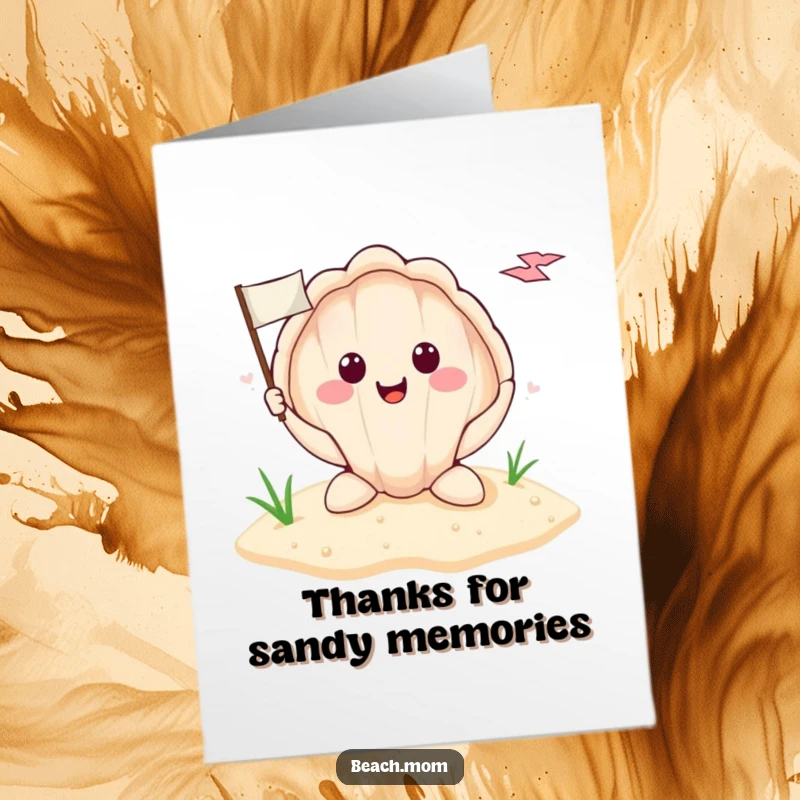Free Printable Thank You Card featuring a smiling seashell planted in the sand, holding a tiny flag to express gratitude.