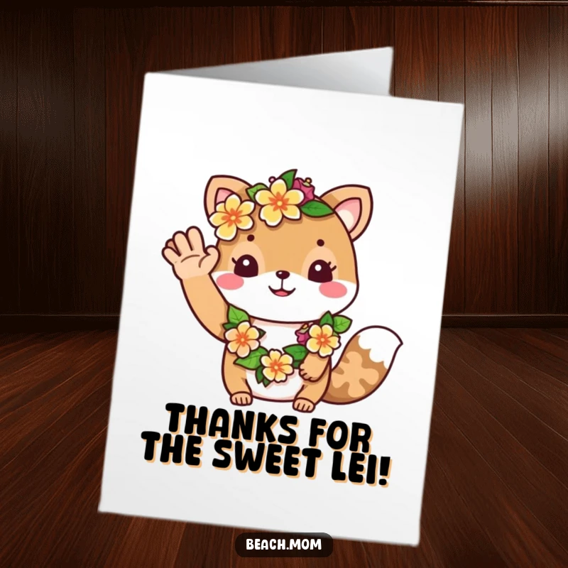 Funny Free Printable Thank You Card: Friendly animal adorned with a flower lei, waving a happy greeting. Sweet DIY thank you.