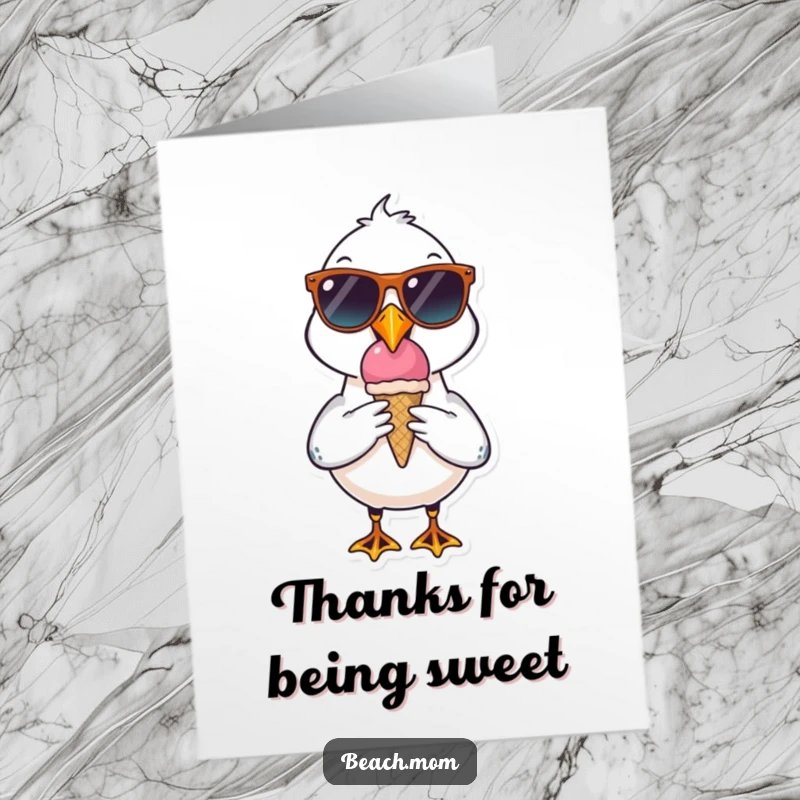 Funny Free Printable Thank You Card: A seagull character in sunglasses, holding an ice cream cone.