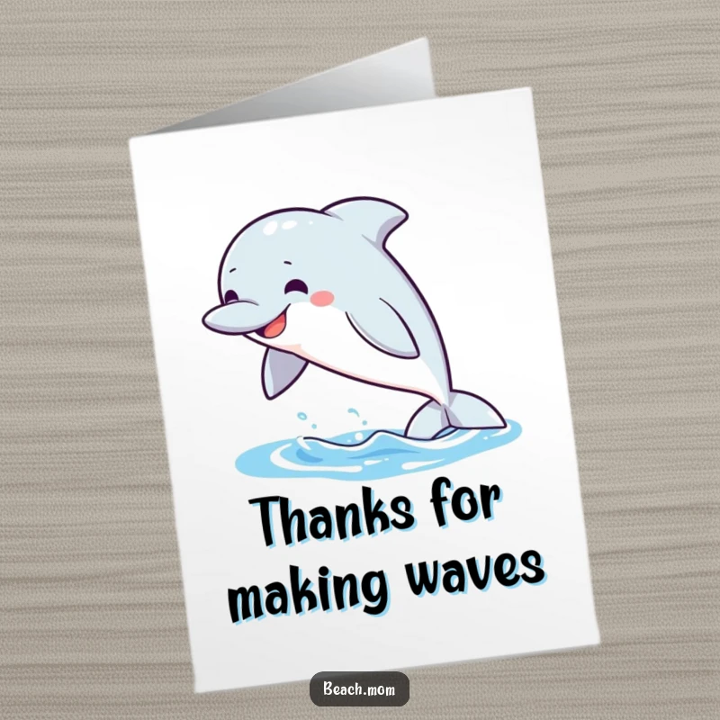 Funny Free Printable Thank You Card: A dolphin with a big grin leaps energetically out of the sparkling water.