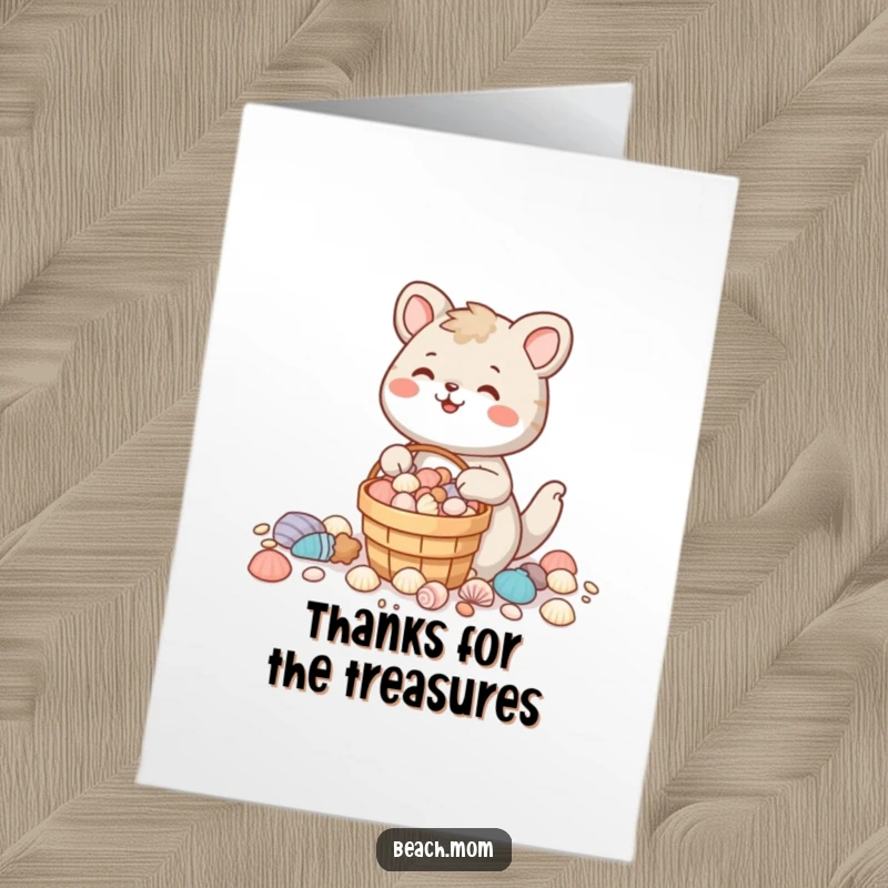 Funny Free Printable thank you card: an animal character with a full bucket of seashells smiles, conveying thanks from the beach.