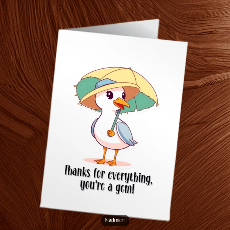 Funny Free Printable Thank You Card: A seagull wearing a straw hat carries a beach umbrella, sending sunny thanks.