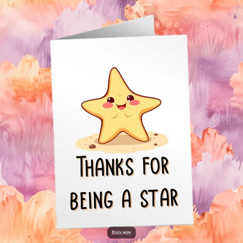 Funny Free Printable Thank You Card featuring a smiling starfish doing a cartwheel on the beach.