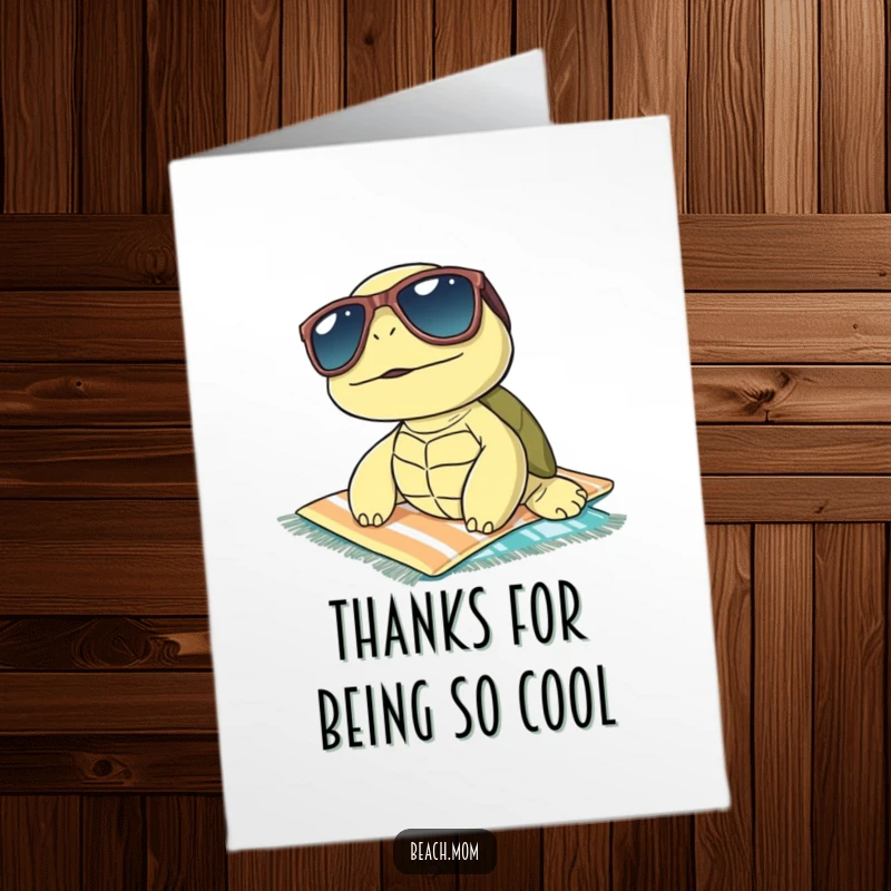 Free Printable Thank You Card featuring a sunglasses-clad turtle relaxing on a towel, embodying ultimate chill gratitude.