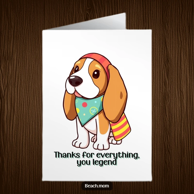 Funny Free Printable Thank You Card: A Basset hound with a colorful bandana and beach bag expresses thanks.