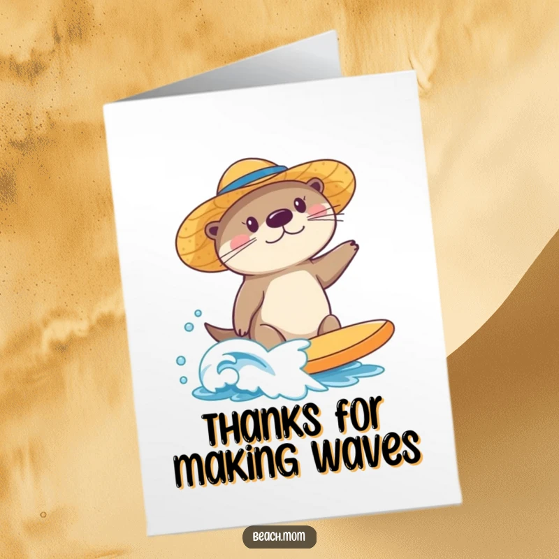 Funny Free Printable Thank You Card: Cute sea otter in a sun hat, surfing a small wave, sending thanks.