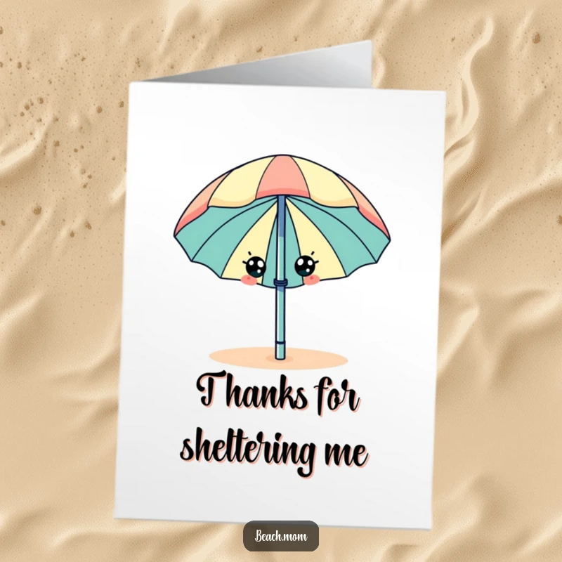 Funny free printable thank you card: A happy beach umbrella with eyes wiggles merrily, sending warm thanks to you.