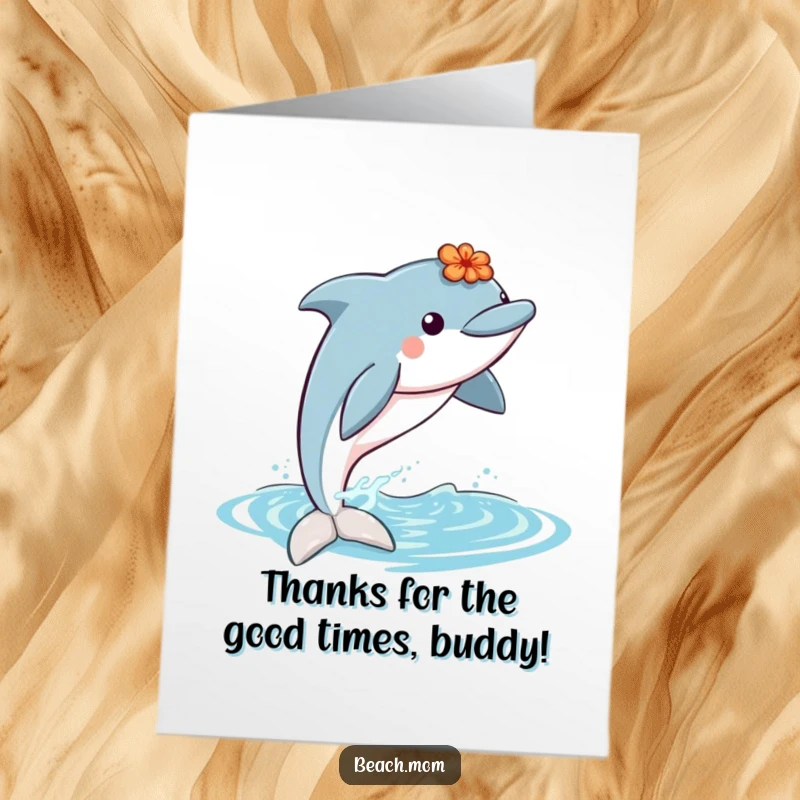 Funny Free Printable Thank You Card: A dolphin wearing a lei jumps out of the water, expressing thanks.