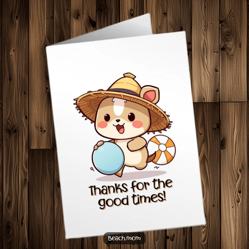 Funny Free Printable Thank You Card: Animal character in a straw hat, chasing a beach ball, expressing thanks with joy.