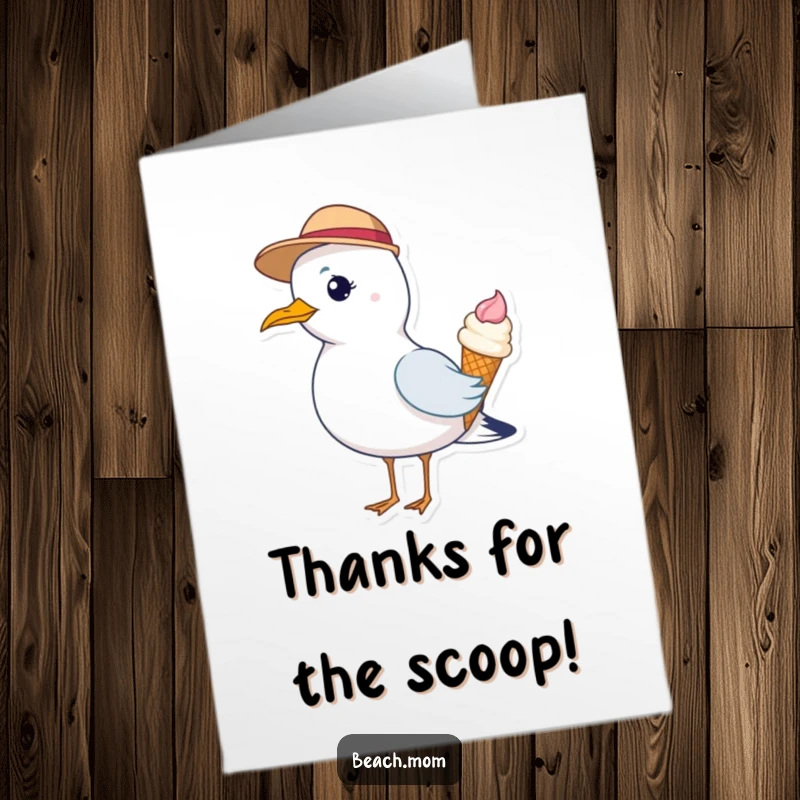 Funny Free Printable Thank You Card: A seagull in a hat shares a tasty ice cream cone, a sweet thank you.