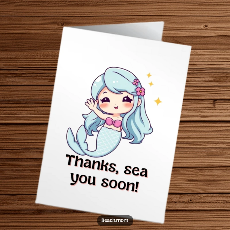 Funny Free Printable Thank You Card: A cute Kawaii mermaid with a sparkly tail waves hello, sending thanks.