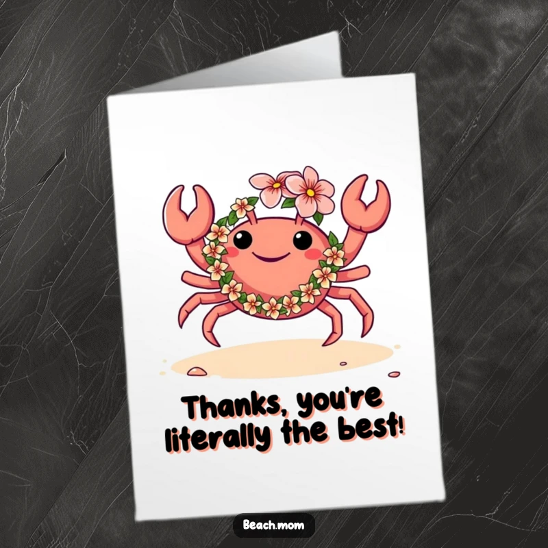 Funny Free Printable Thank You Card: A crab wearing a vibrant flower lei dances joyfully on the sandy shore.