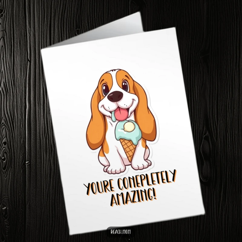 Funny free printable thank you card of a Basset Hound utterly delighted with a dripping ice cream cone.
