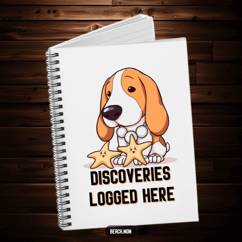 Funny Basset Hound notebook with a dog wearing a seashell necklace curiously inspecting a starfish, ideal for notes and observations.