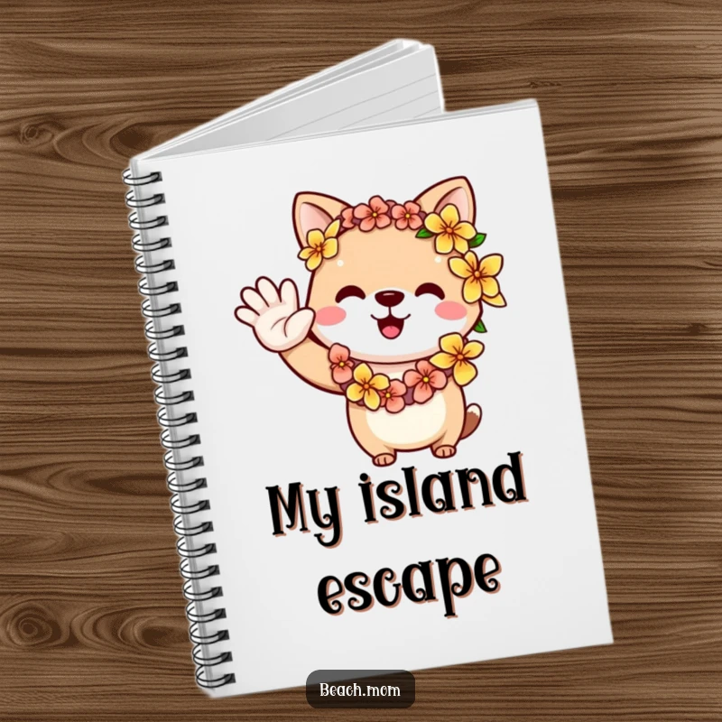 Funny animal wearing a flower lei, giving a welcoming wave, perfect for a creative notebook.