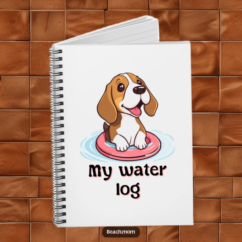 Funny Basset hound notebook featuring a dog with small floaties excitedly paddling, ideal for jotting down aquatic thoughts.