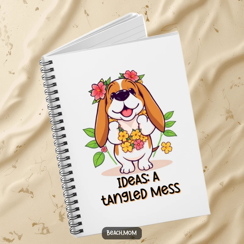Funny Basset Hound notebook with a dog in a leis, hilariously trying to hula dance on its cover.