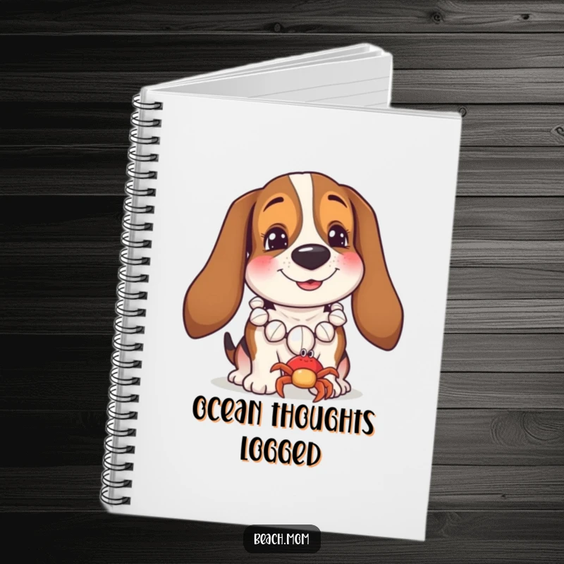 Funny Basset Hound notebook with a dog wearing a seashell necklace, smiling at a tiny crab, perfect for jotting down seaside ideas.