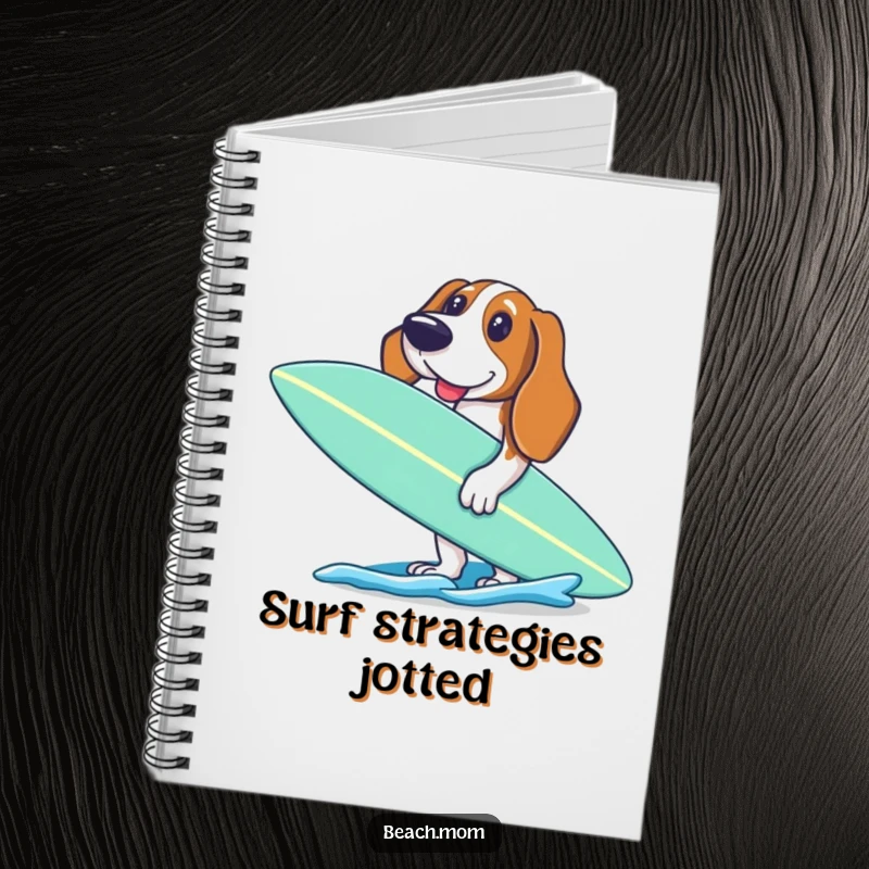 Funny Basset Hound notebook with an excited dog holding a surfboard, ready to paddle, ideal for notes and creative ideas.