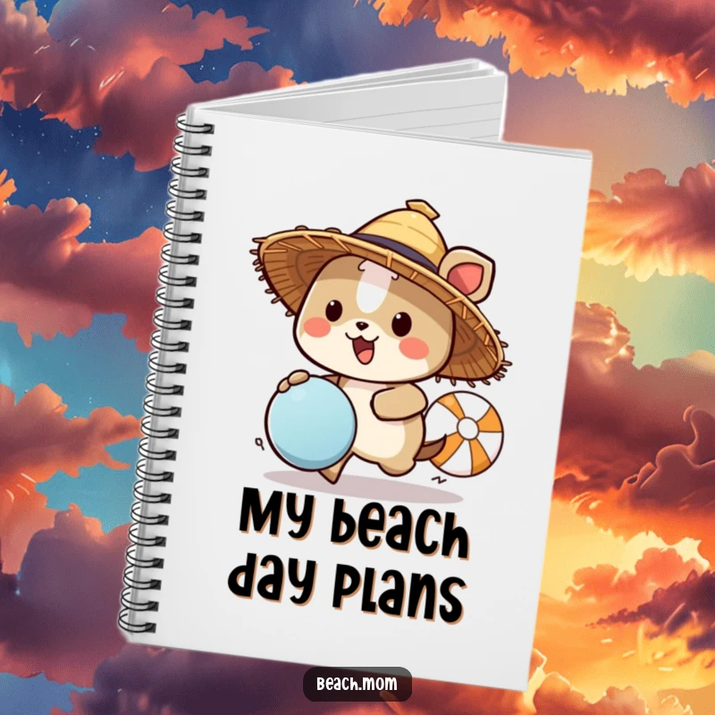 Funny animal character wearing a straw hat chasing a beach ball, featured on a notebook cover, inspiring humorous summer notes and thoughts.