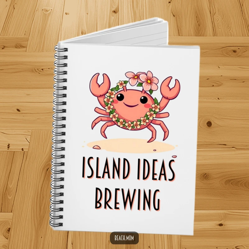 Funny notebook with a crab wearing a flower lei and dancing on the sand, a humorous and tropical design for writing and planning.